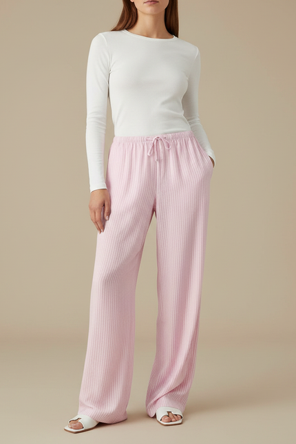 Pantalon Fluide Rose Rayé Ample Décontracté Cordon - Maille