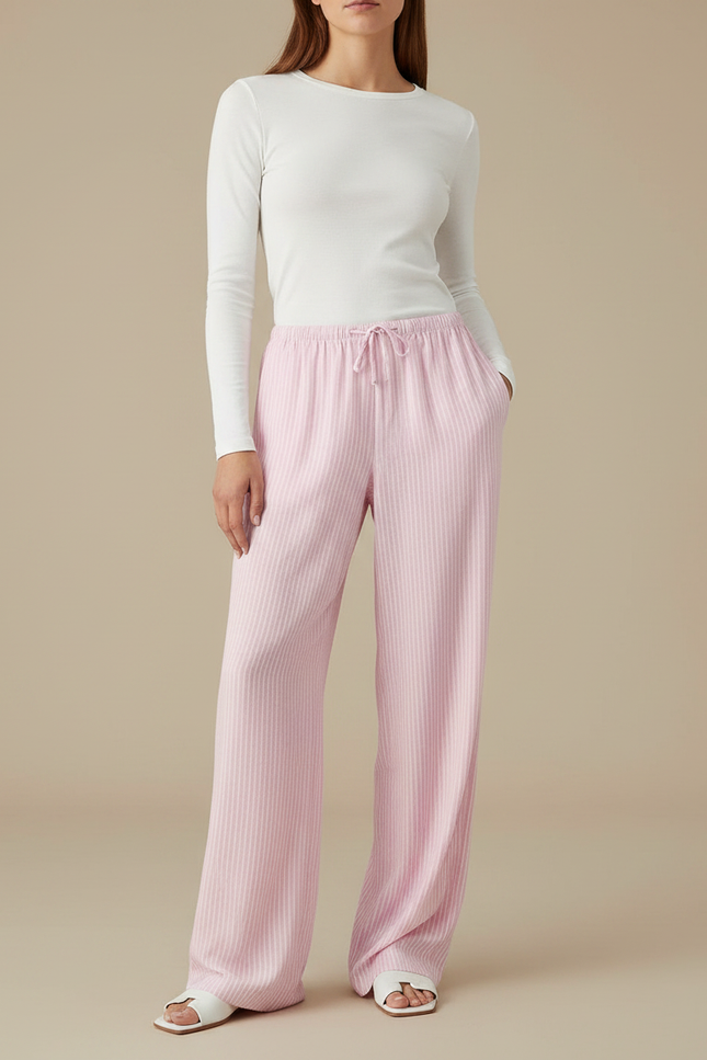 Pantalon Fluide Rose Rayé Ample Décontracté Cordon - Maille