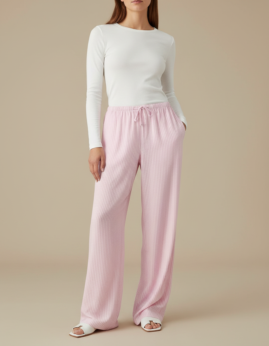 Pantalon Fluide Rose Rayé Ample Décontracté Cordon - Maille