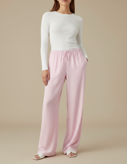 Pantalon Fluide Rose Rayé Ample Décontracté Cordon - Maille