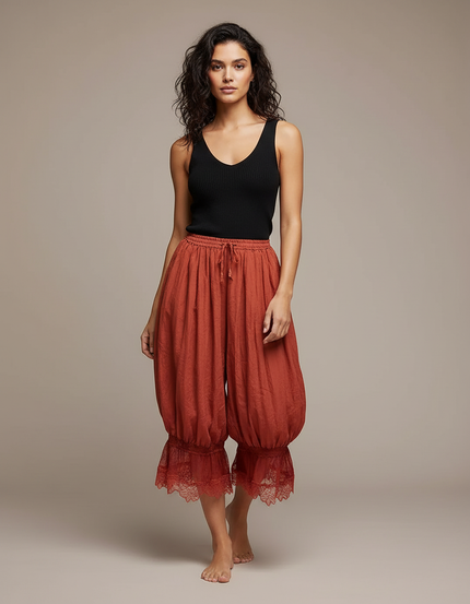 Pantalon Fluide Écru Ample Dentelle Bohème Femme - Orange Lin