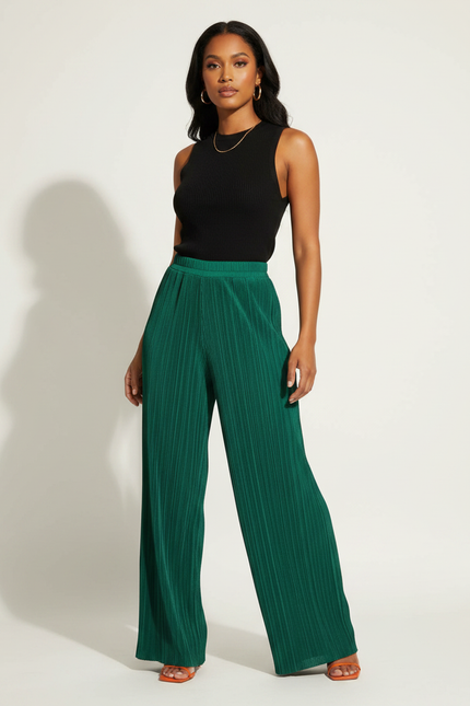 Pantalon Fluide Vert Émeraude Plissé Ample Décontracté - Polyester
