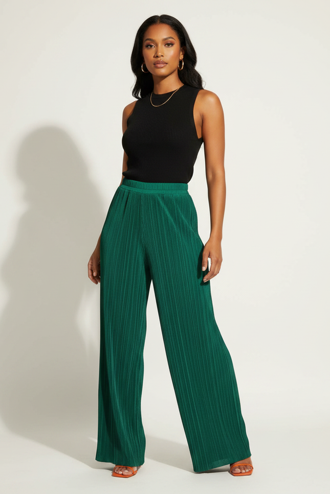 Pantalon Fluide Vert Émeraude Plissé Ample Décontracté - Polyester