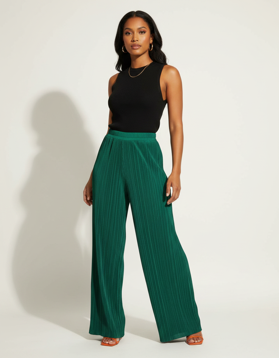 Pantalon Fluide Vert Émeraude Plissé Ample Décontracté - Polyester