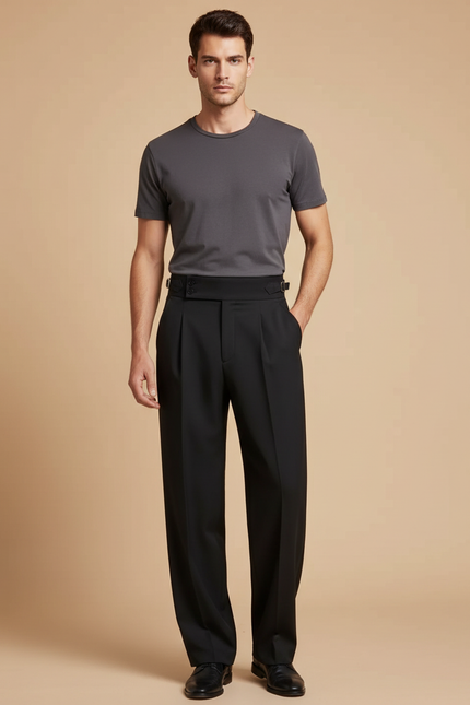 Pantalon Fluide Noir Ample Plissé Ajustable Élégant Homme - Laine