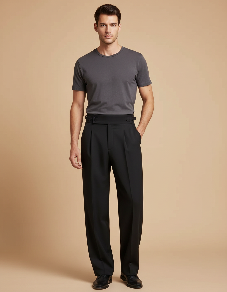 Pantalon Fluide Noir Ample Plissé Ajustable Élégant Homme - Laine