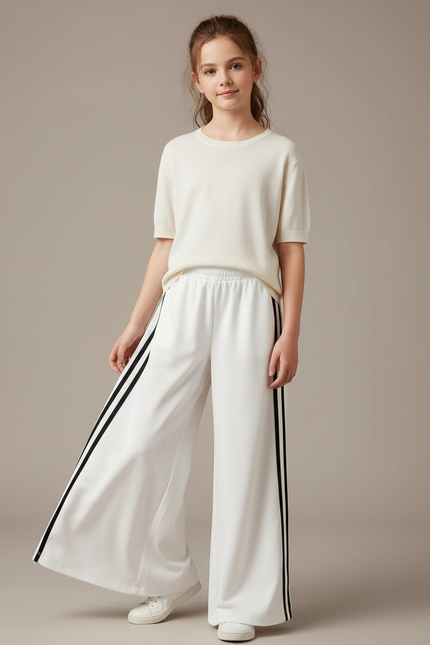 Pantalon Fluide Blanc Ample Rayures Sport Fille - Polyester
