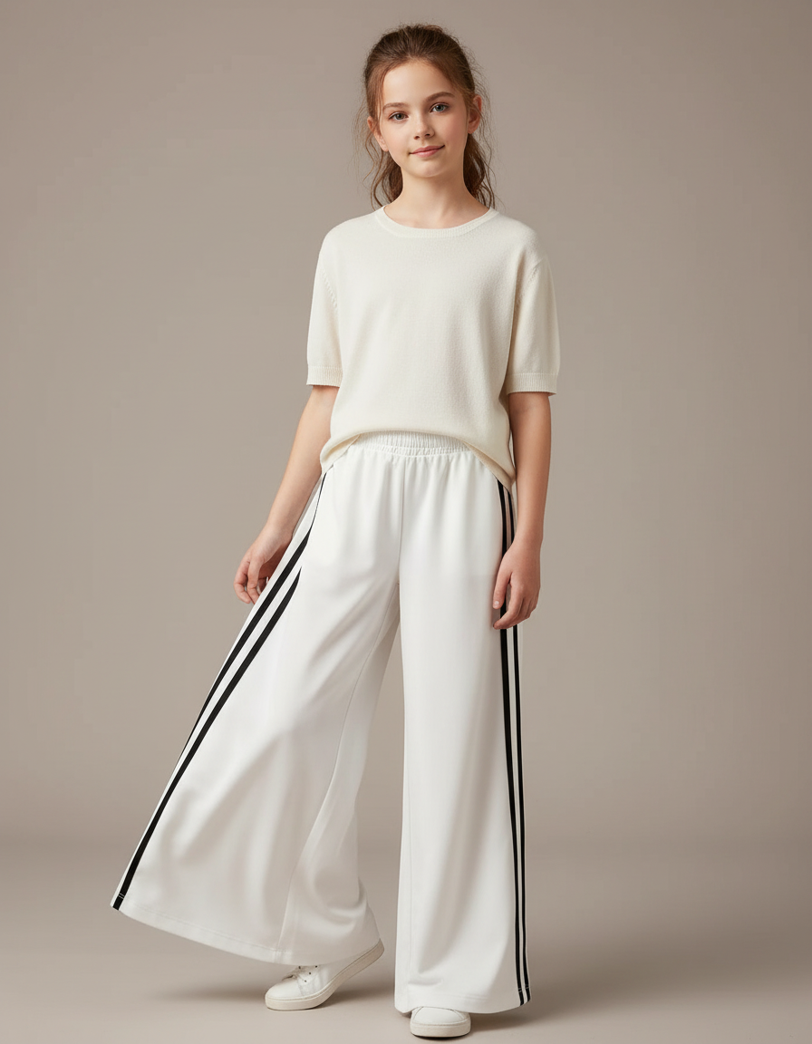 Pantalon Fluide Blanc Ample Rayures Sport Fille - Polyester
