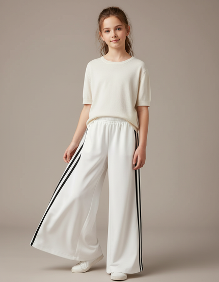 Pantalon Fluide Blanc Ample Rayures Sport Fille - Polyester