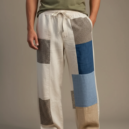 Pantalon Fluide Lin Patchwork Ample Décontracté Homme - Multicolore