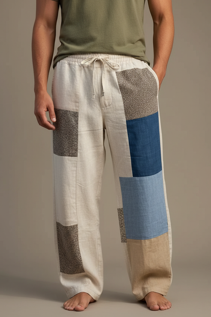 Pantalon Fluide Lin Patchwork Ample Décontracté Homme - Multicolore