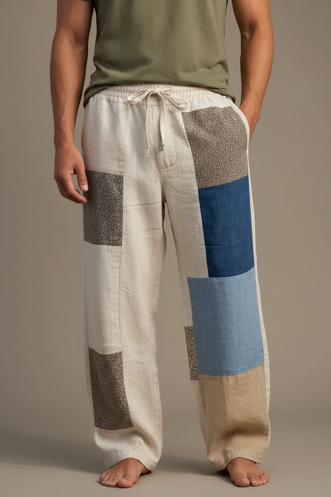 Pantalon Fluide Lin Patchwork Ample Décontracté Homme - Multicolore