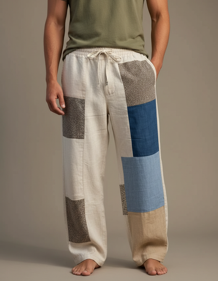Pantalon Fluide Lin Patchwork Ample Décontracté Homme - Multicolore