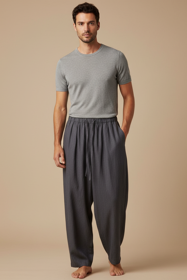 Pantalon Fluide Gris Ample Coton Homme Décontracté - Lin