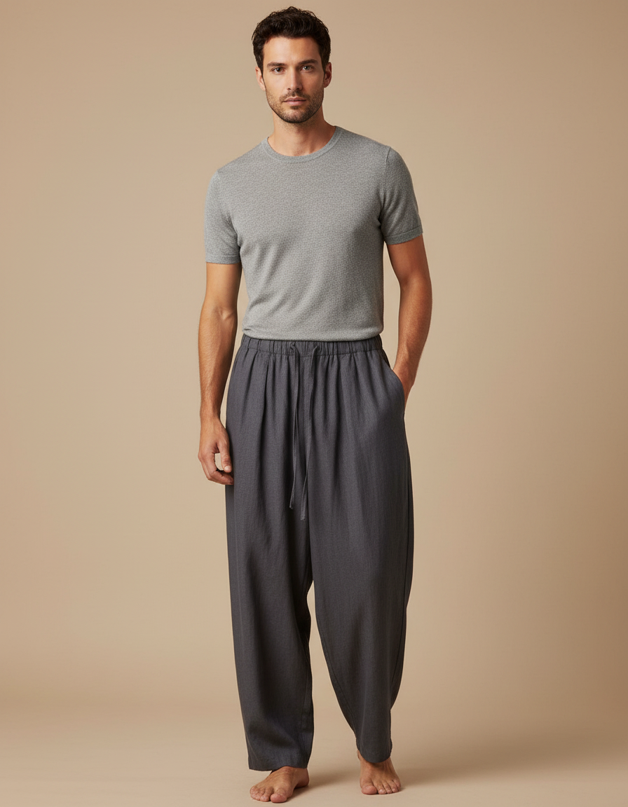 Pantalon Fluide Gris Ample Coton Homme Décontracté - Lin