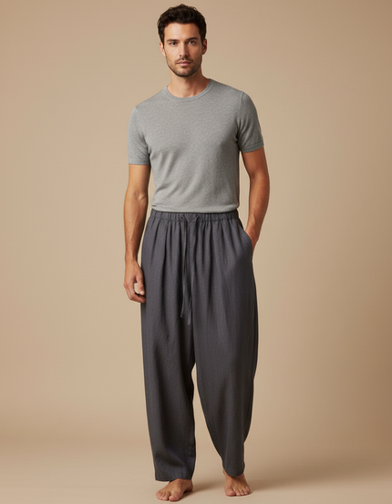 Pantalon Fluide Gris Ample Coton Homme Décontracté - Lin