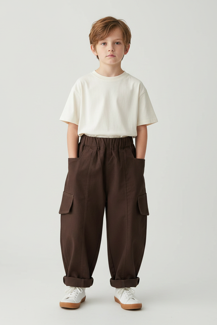 Pantalon Fluide Marron Cargo Ample Coton Enfant