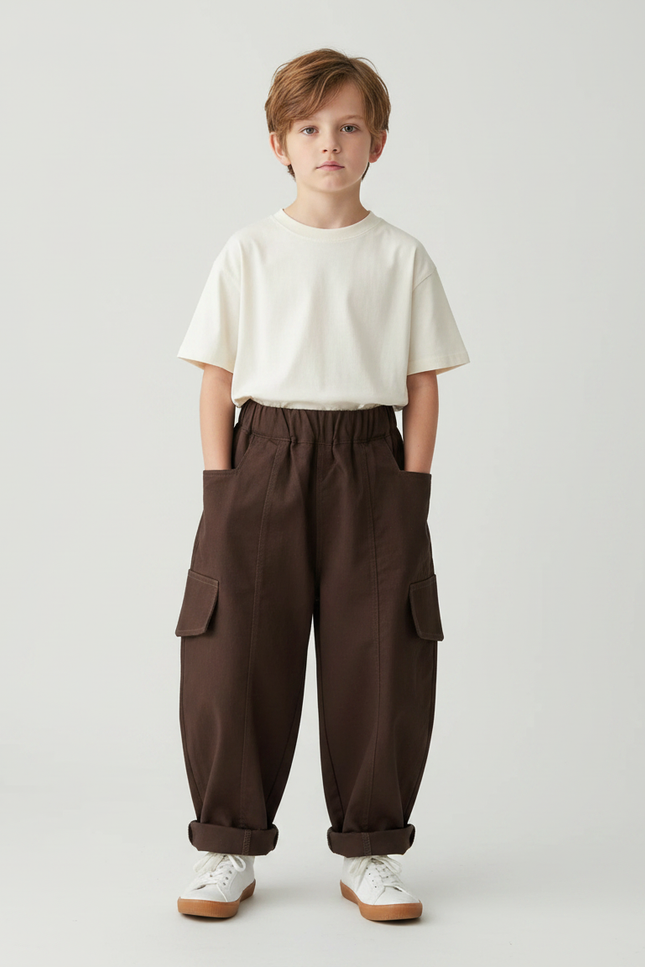 Pantalon Fluide Marron Cargo Ample Coton Enfant