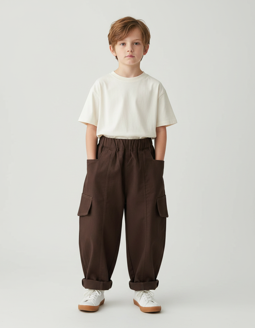 Pantalon Fluide Marron Cargo Ample Coton Enfant