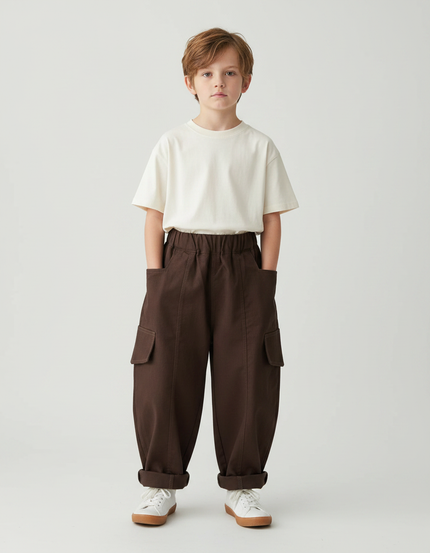 Pantalon Fluide Marron Cargo Ample Coton Enfant