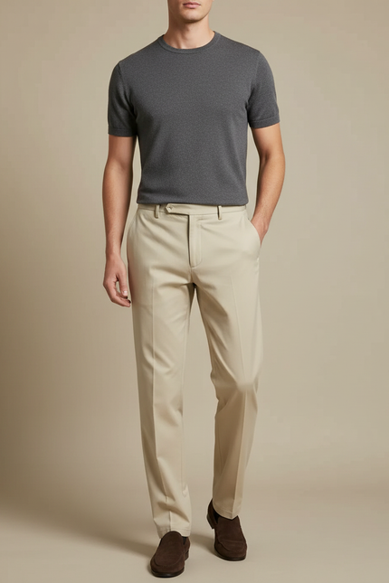 Pantalon Fluide Beige Homme Droit Élégant Coton - Gabardine