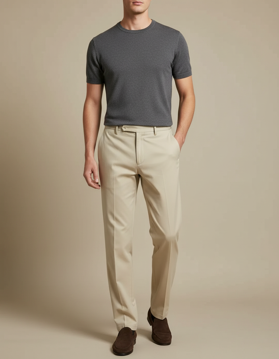 Pantalon Fluide Beige Homme Droit Élégant Coton - Gabardine