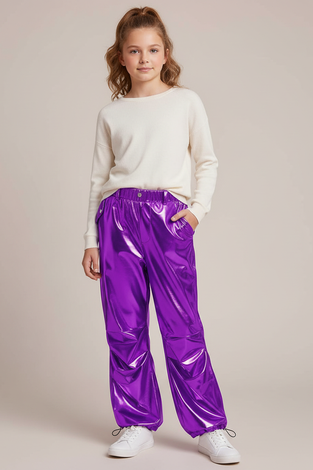 Pantalon Fluide Métallisé Violet Cargo Brillant Enfants - Polyester