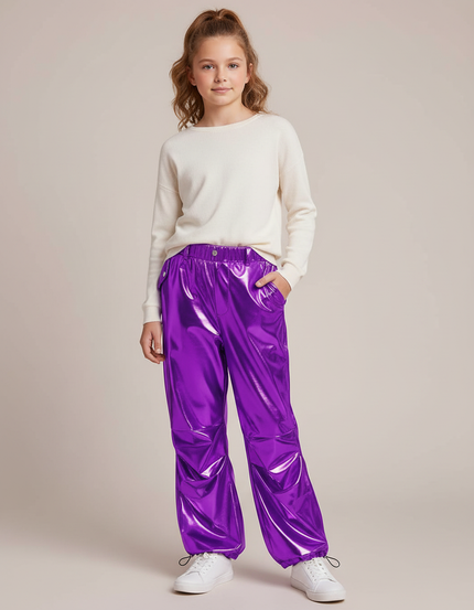 Pantalon Fluide Métallisé Violet Cargo Brillant Enfants - Polyester