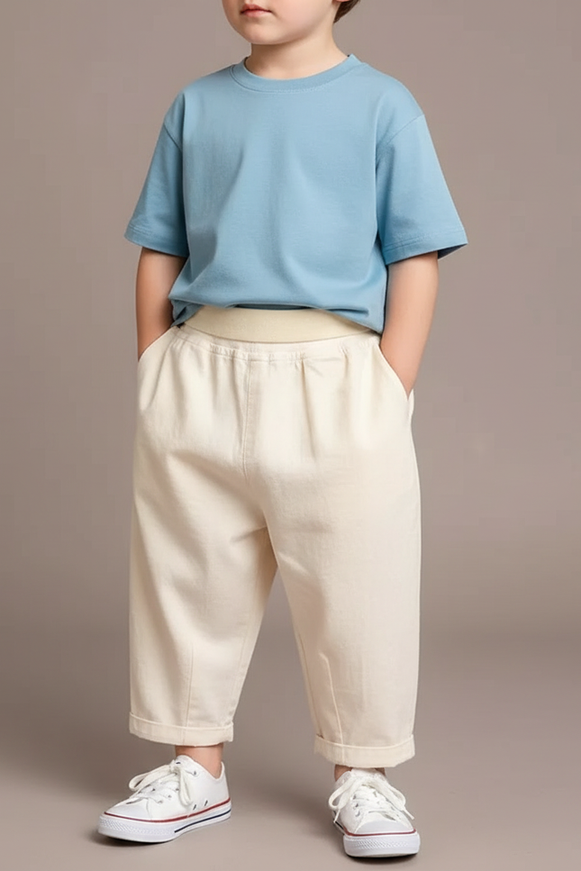 Pantalon Fluide Écru Ample Coton Enfant Décontracté - Beige