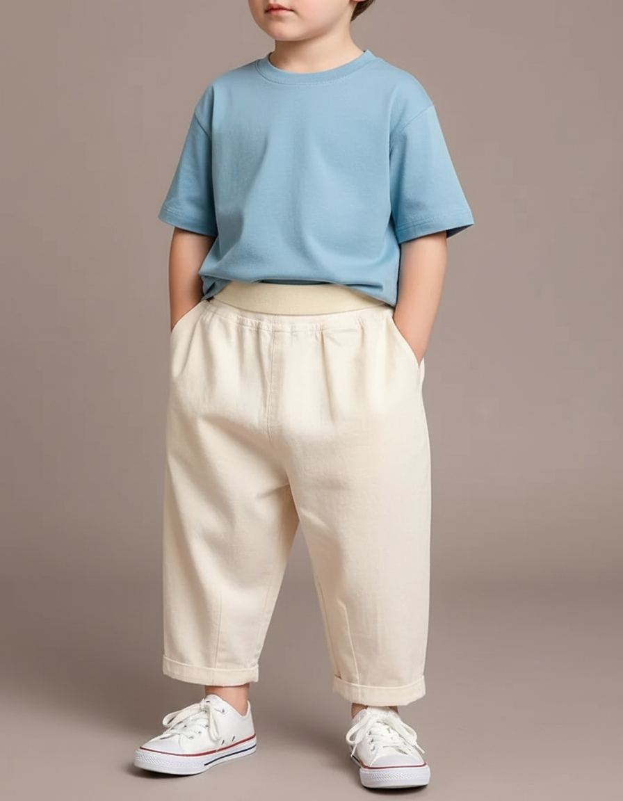 Pantalon Fluide Écru Ample Coton Enfant Décontracté - Beige