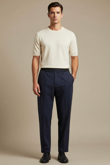 Pantalon Fluide Bleu Marine Droit Élégant Homme - Polyester