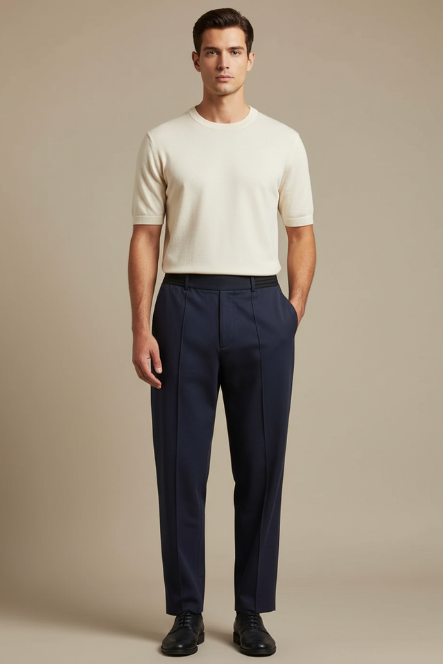 Pantalon Fluide Bleu Marine Droit Élégant Homme - Polyester