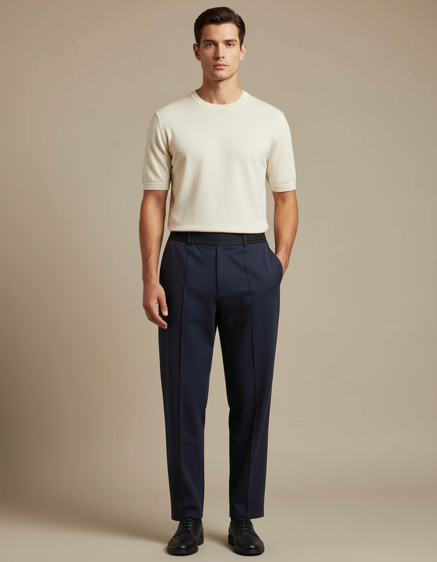 Pantalon Fluide Bleu Marine Droit Élégant Homme - Polyester