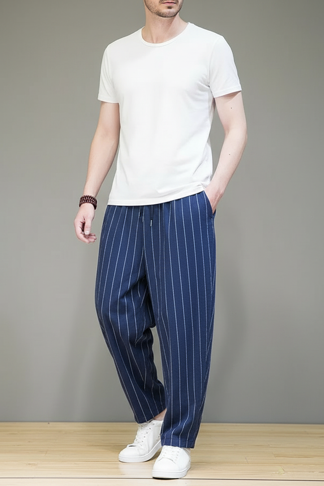 Pantalon Fluide Rayé Bleu Ample Coton Lin - Marine