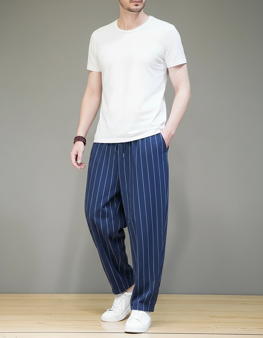 Pantalon Fluide Rayé Bleu Ample Coton Lin - Marine