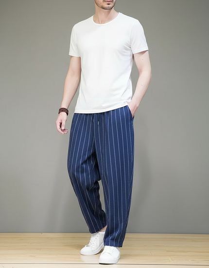 Pantalon Fluide Rayé Bleu Ample Coton Lin - Marine