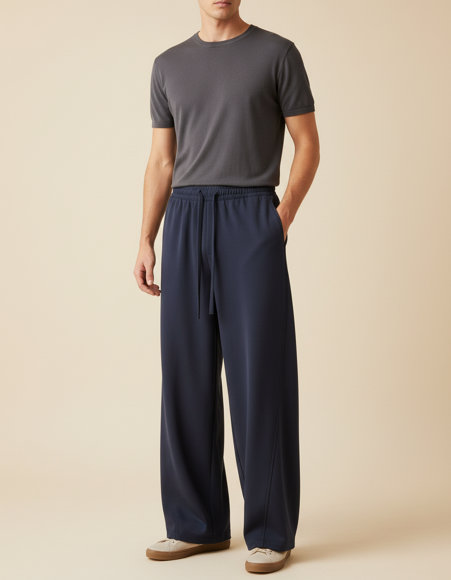 Pantalon Fluide Homme Bleu Marine Palazzo - Polyester