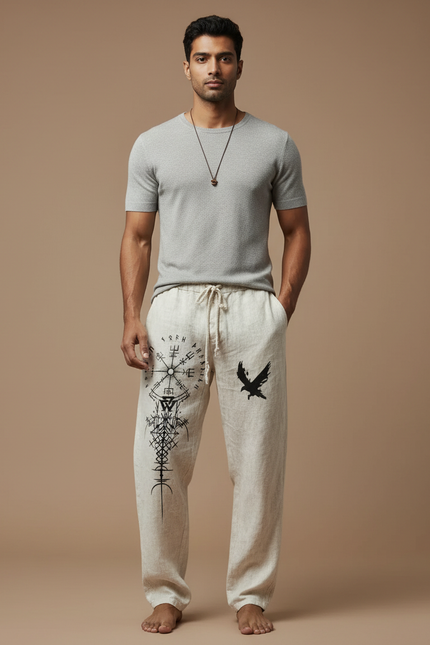 Pantalon Fluide Lin Écru Imprimé Viking Ample Homme - Beige