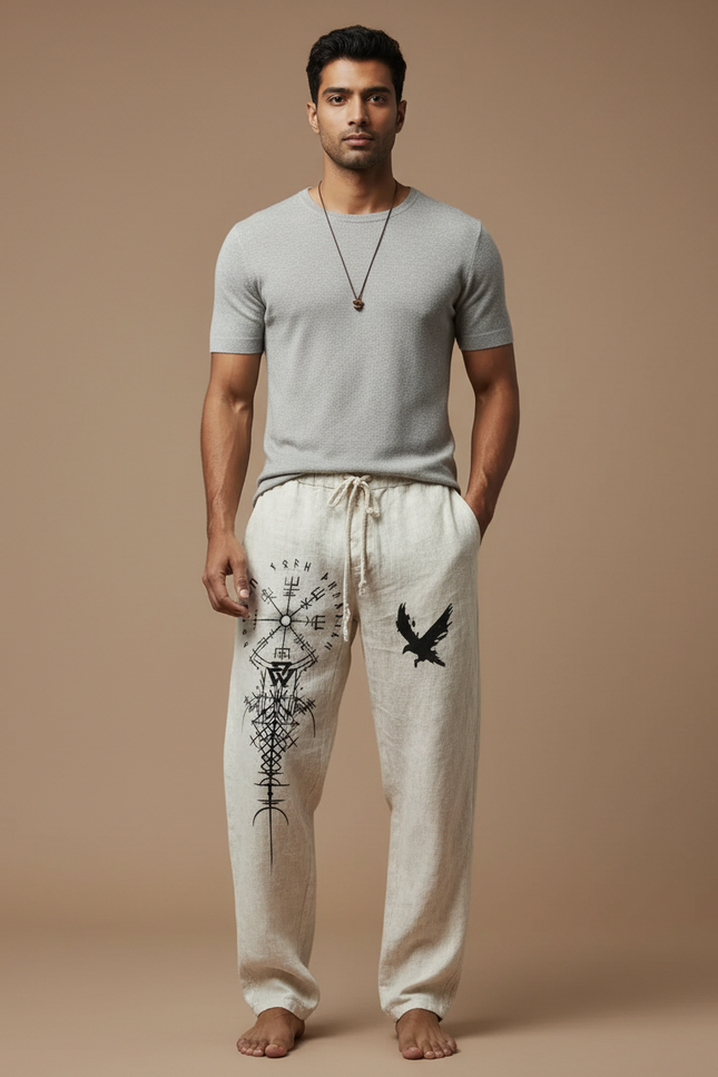 Pantalon Fluide Lin Écru Imprimé Viking Ample Homme - Beige