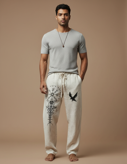 Pantalon Fluide Lin Écru Imprimé Viking Ample Homme - Beige