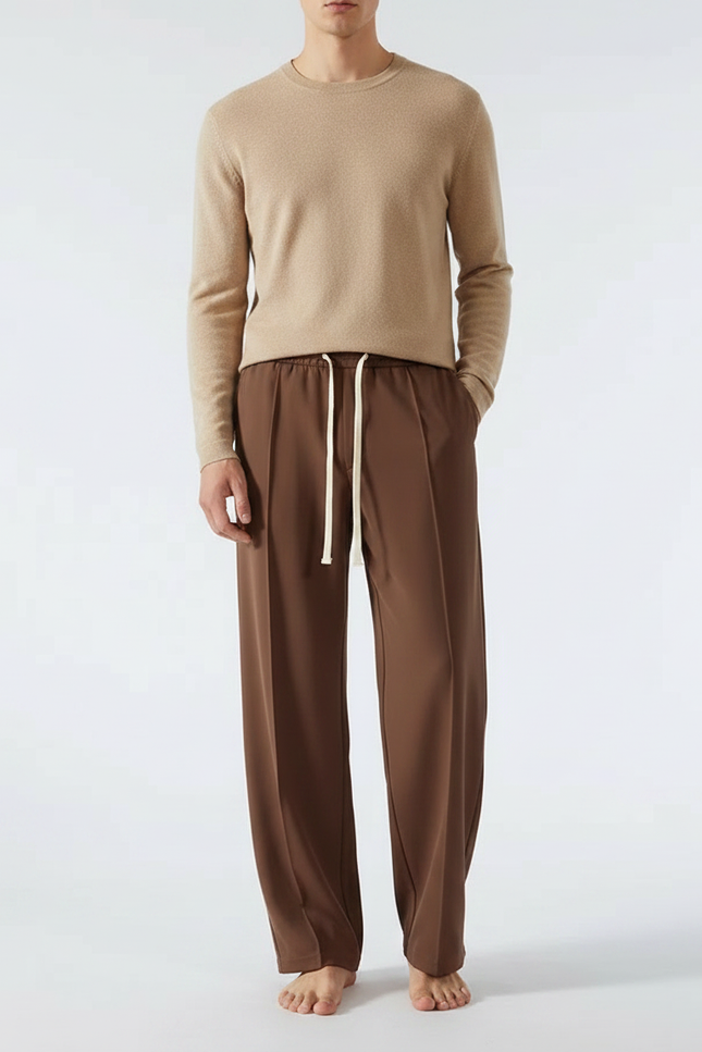 Pantalon Fluide Marron Ample Cordon Décontracté Homme - Polyester