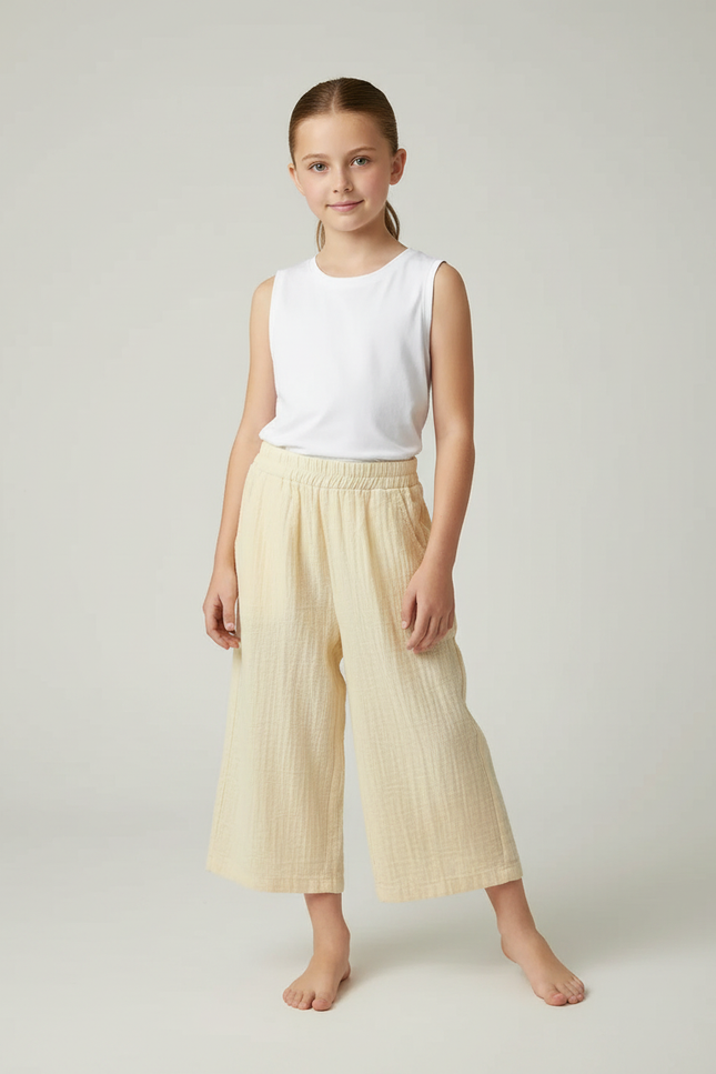 Pantalon Fluide Écru Gaze Ample Coton Enfant - Beige