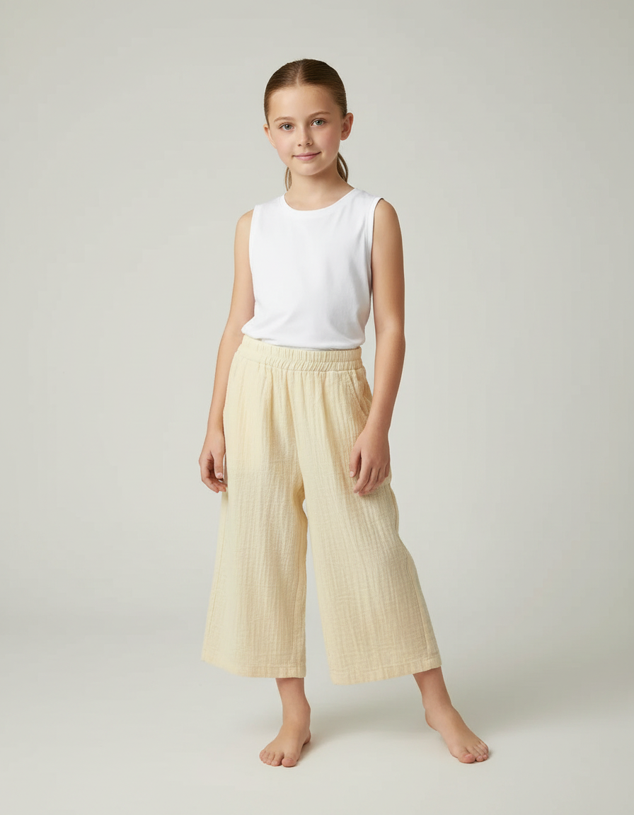 Pantalon Fluide Écru Gaze Ample Coton Enfant - Beige