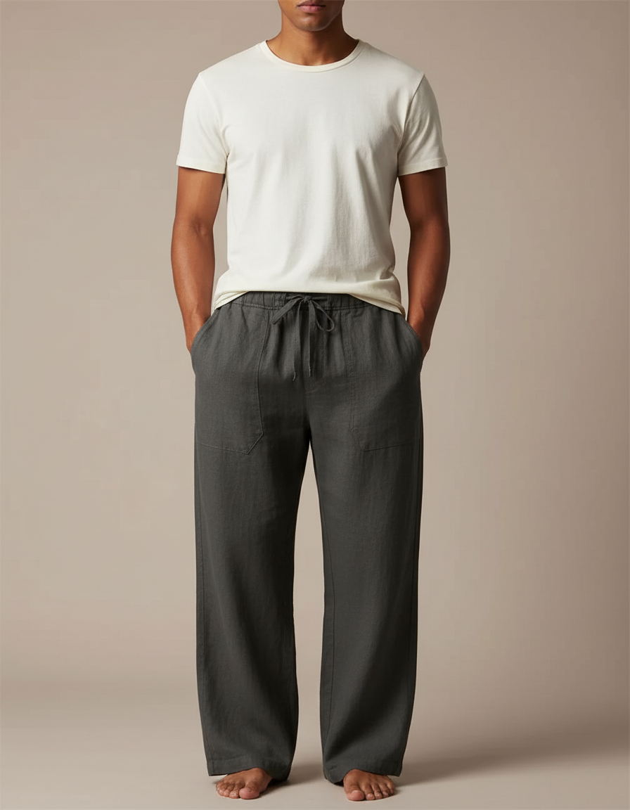Pantalon Fluide Homme Lin Gris Décontracté Ample