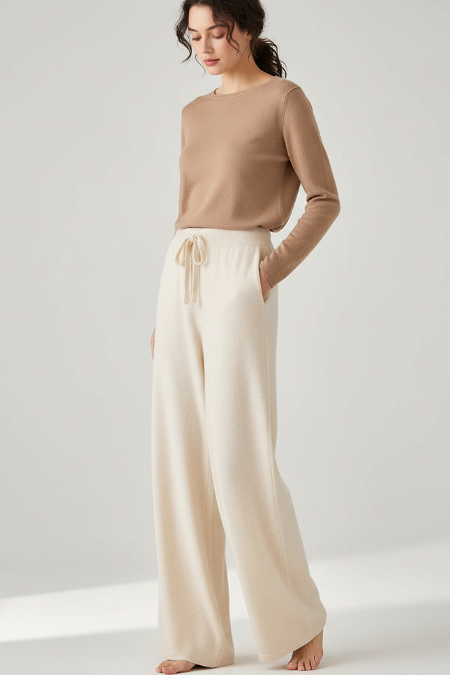 Pantalon Fluide Écru Maille Ample Cordon Décontracté - Beige Molleton