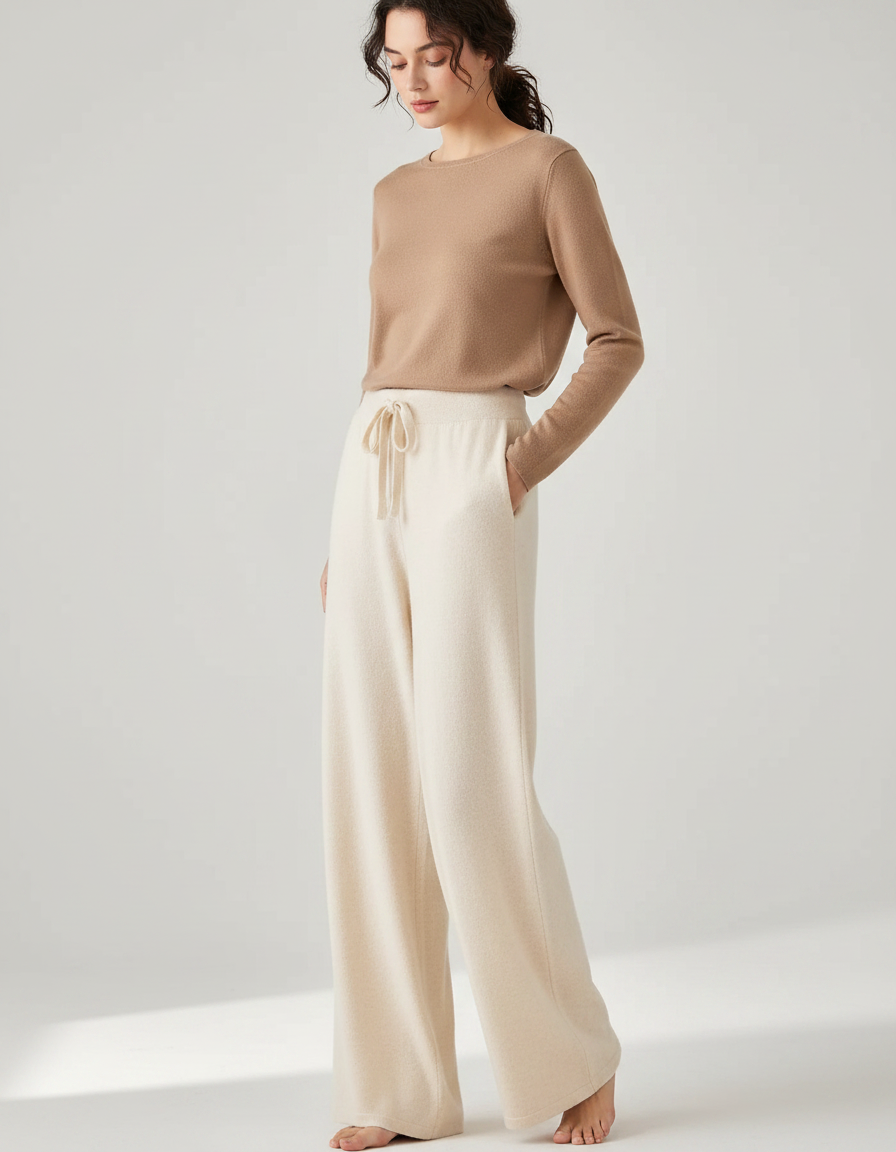 Pantalon Fluide Écru Maille Ample Cordon Décontracté - Beige Molleton