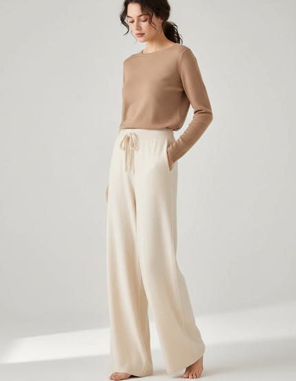 Pantalon Fluide Écru Maille Ample Cordon Décontracté - Beige Molleton