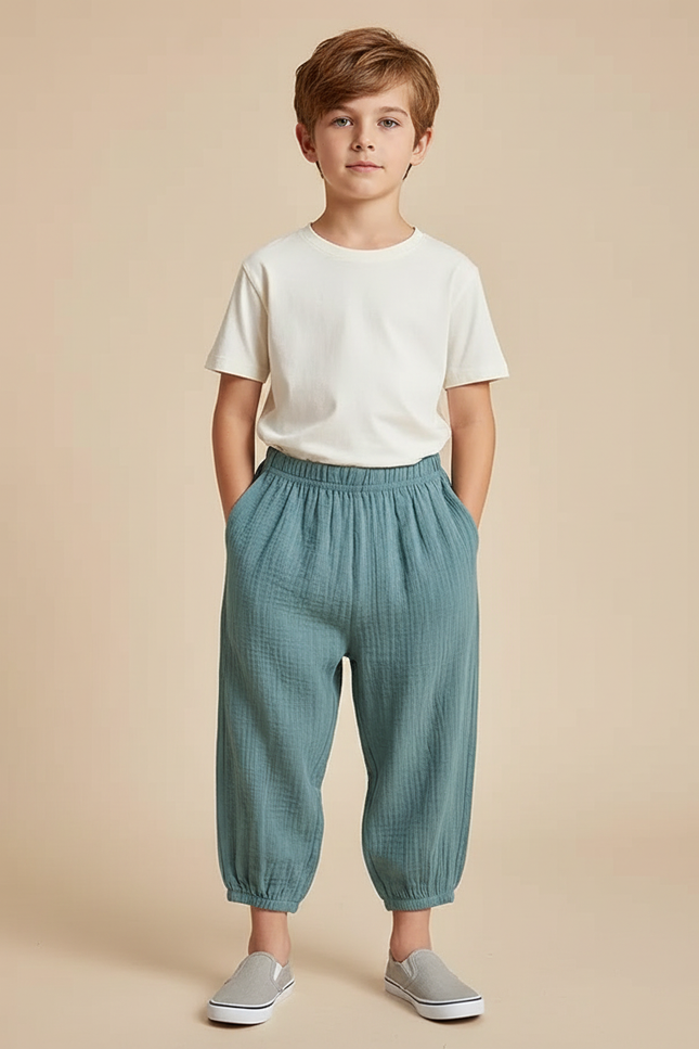 Pantalon Fluide Vert Ample Coton Léger Enfant