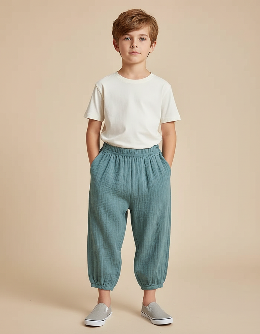Pantalon Fluide Vert Ample Coton Léger Enfant