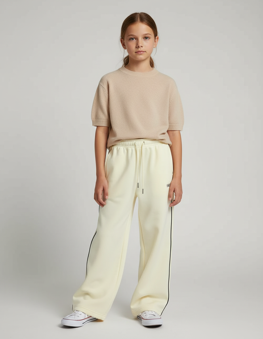Pantalon Fluide Écru Large Sport Rayures Confortable - Jaune Molleton